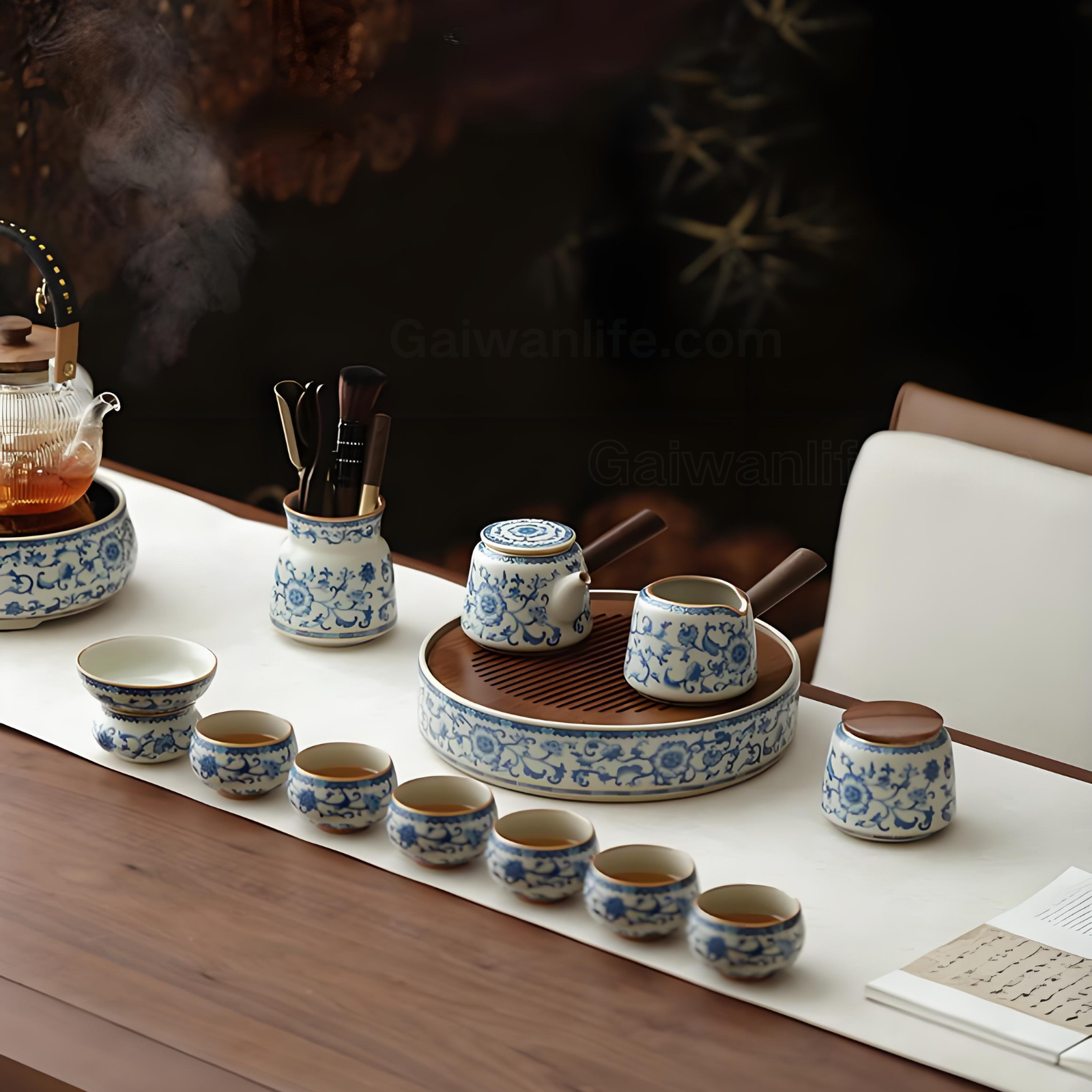 Ceramic Gongfu Tea Set with Crackle Glaze & Bamboo Tray - 10-Piece Handcrafted Set
