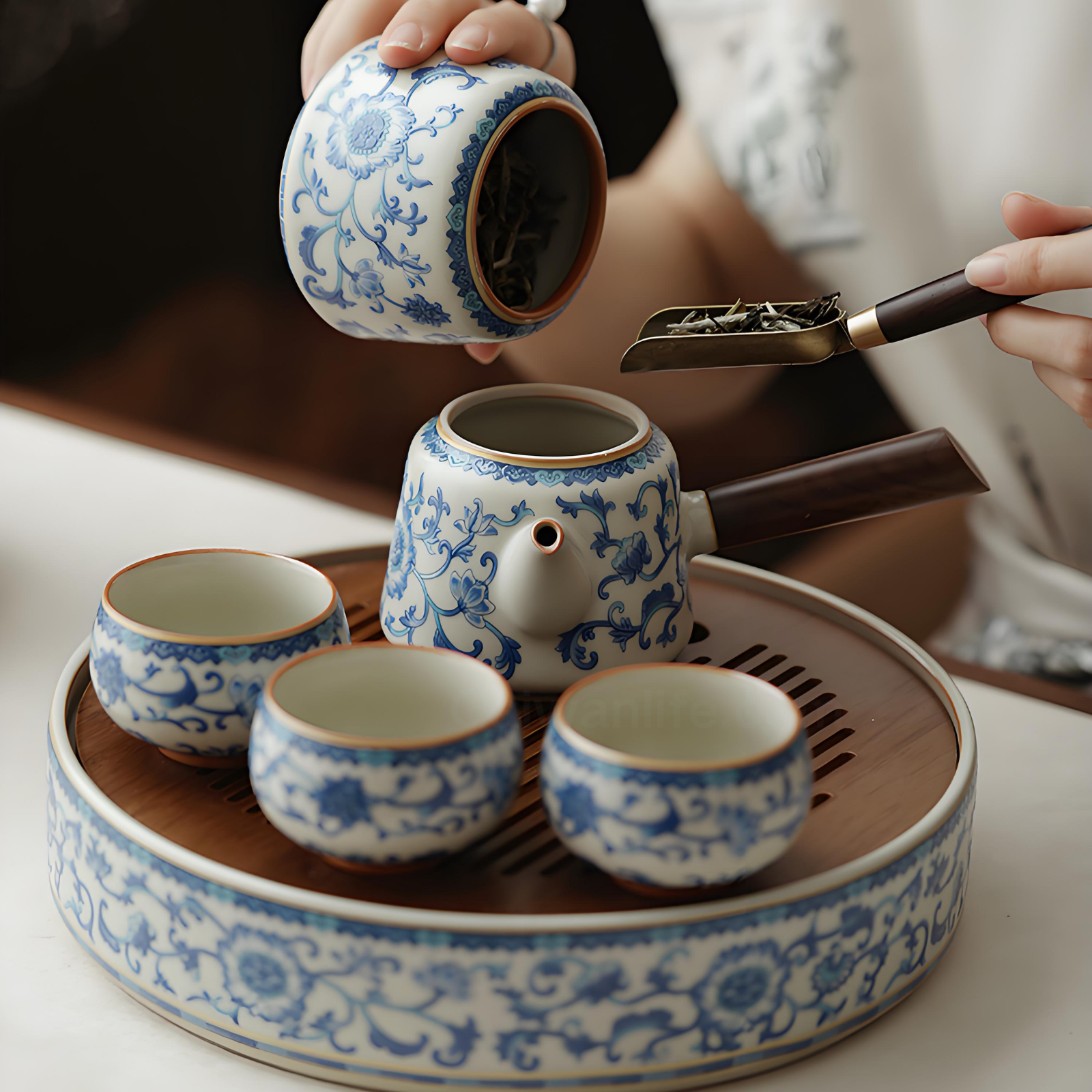 Ceramic Gongfu Tea Set with Crackle Glaze & Bamboo Tray - 10-Piece Handcrafted Set