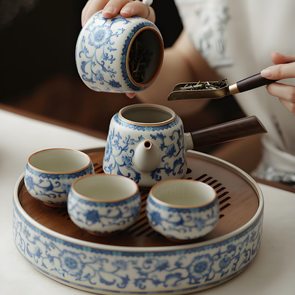 Ceramic Gongfu Tea Set with Crackle Glaze & Bamboo Tray - 10-Piece Handcrafted Set