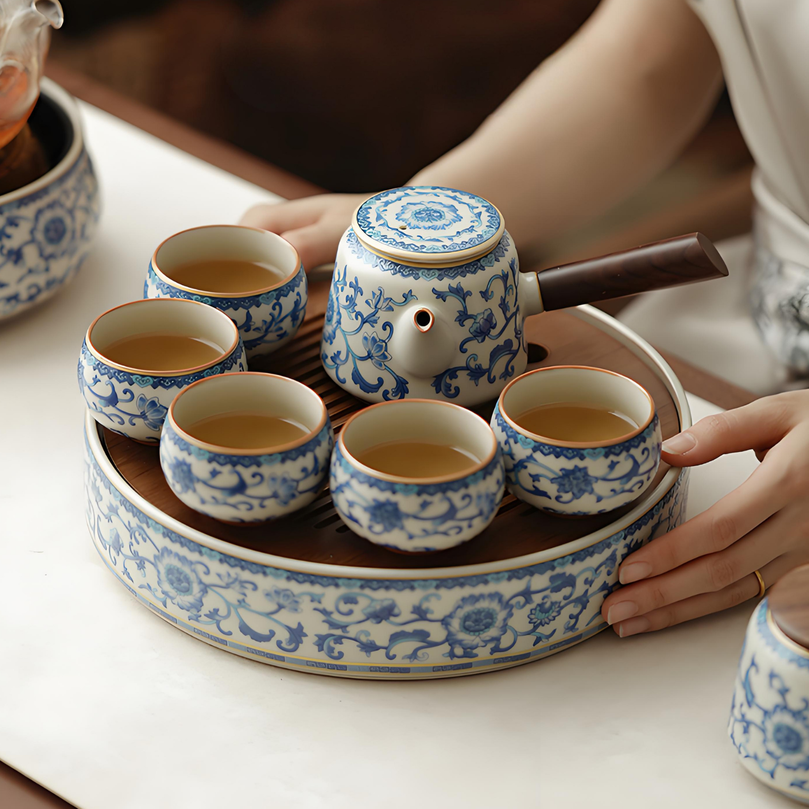 Ceramic Gongfu Tea Set with Crackle Glaze & Bamboo Tray - 10-Piece Handcrafted Set