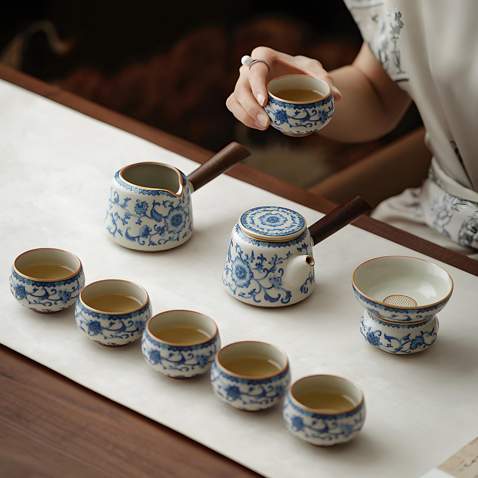 Ceramic Gongfu Tea Set with Crackle Glaze & Bamboo Tray - 10-Piece Handcrafted Set