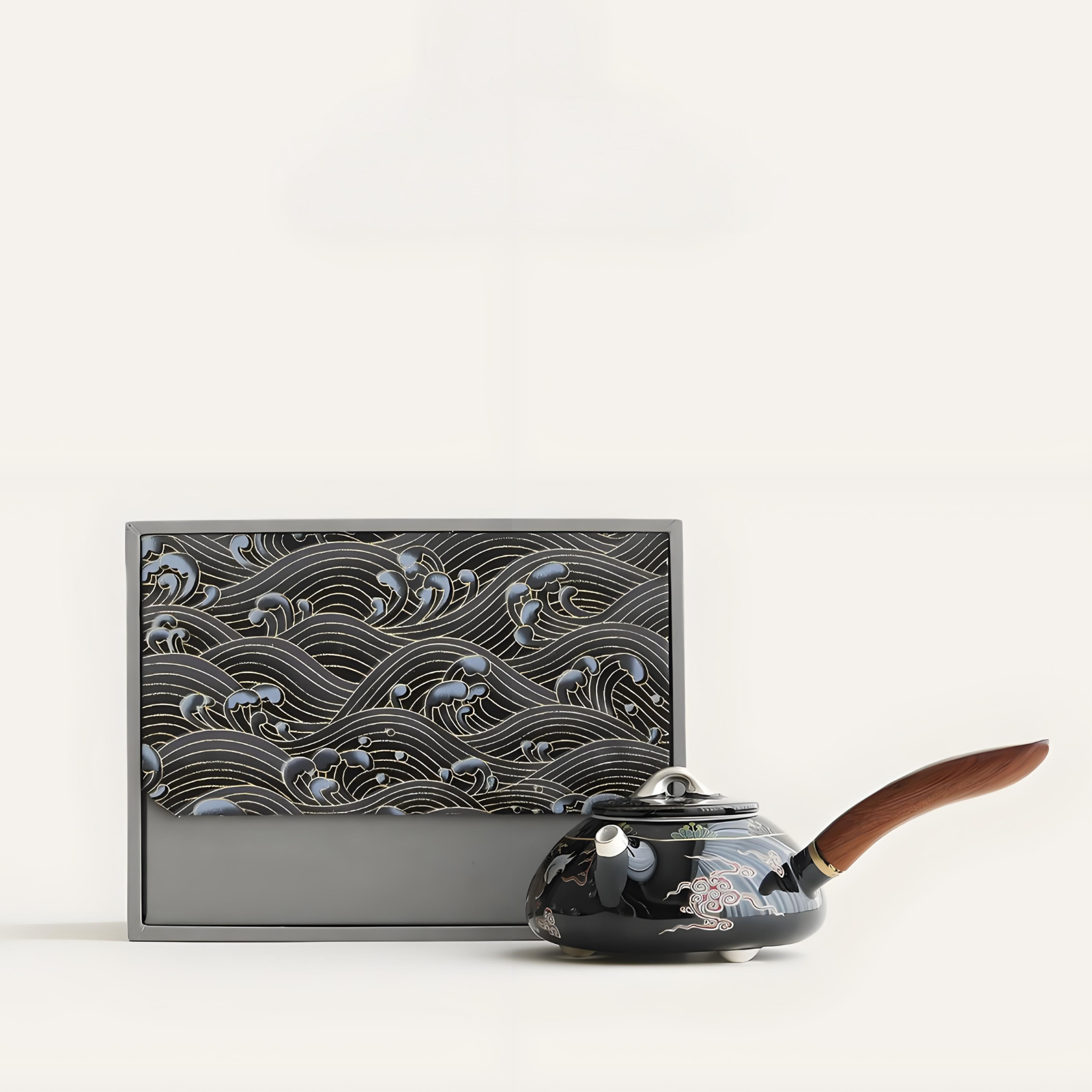 Handgefertigte, silbereingelegte schwarze Qilin-Keramikteekanne – 230 ml, Seitengriff-Design, luxuriöse Geschenkbox 