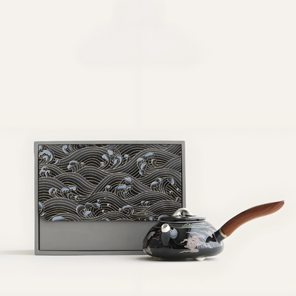 Handgefertigte, silbereingelegte schwarze Qilin-Keramikteekanne – 230 ml, Seitengriff-Design, luxuriöse Geschenkbox 