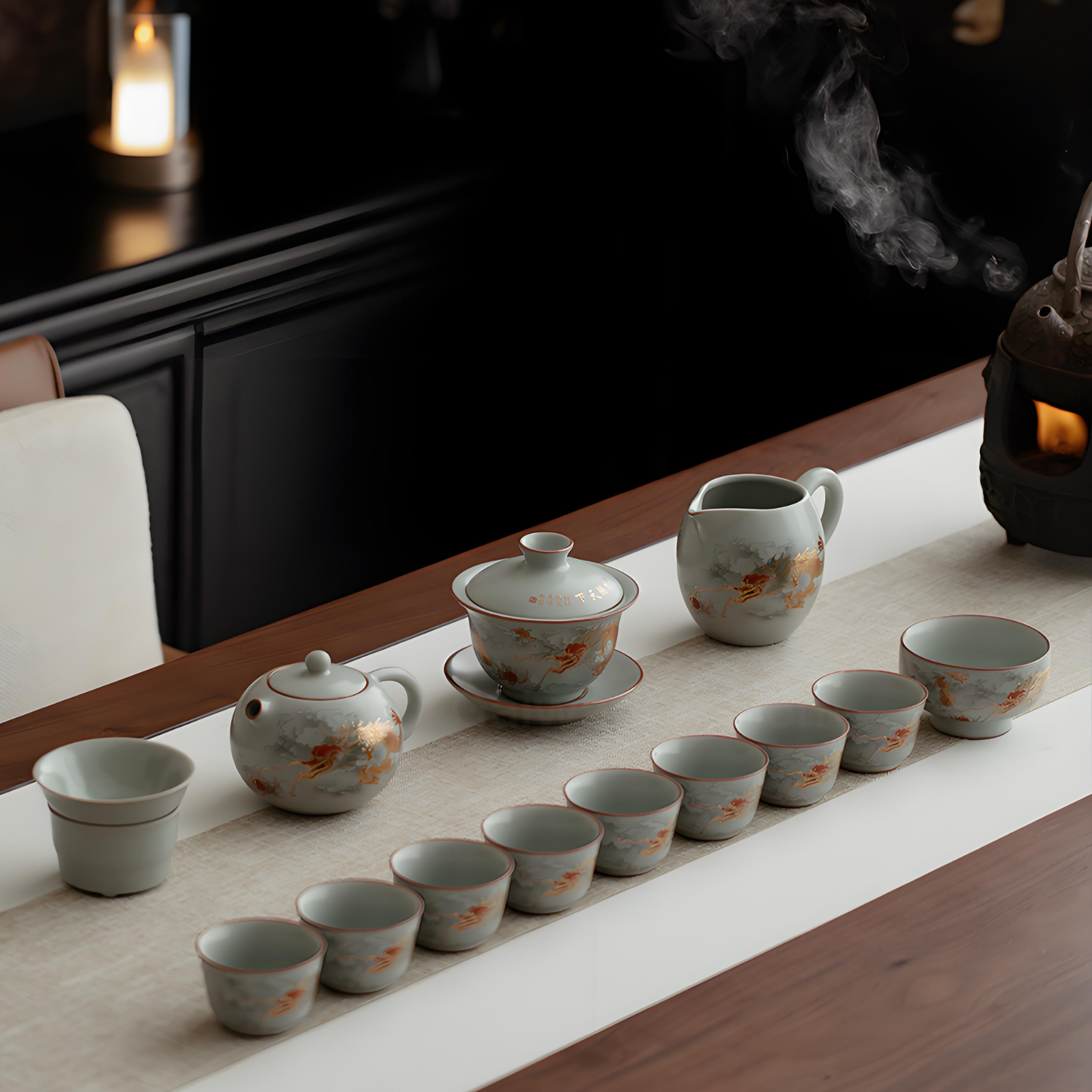Ru Kiln Gold-Inlaid Dragon Tea Set - 12-Piece Powder Blue Glaze Gift Box