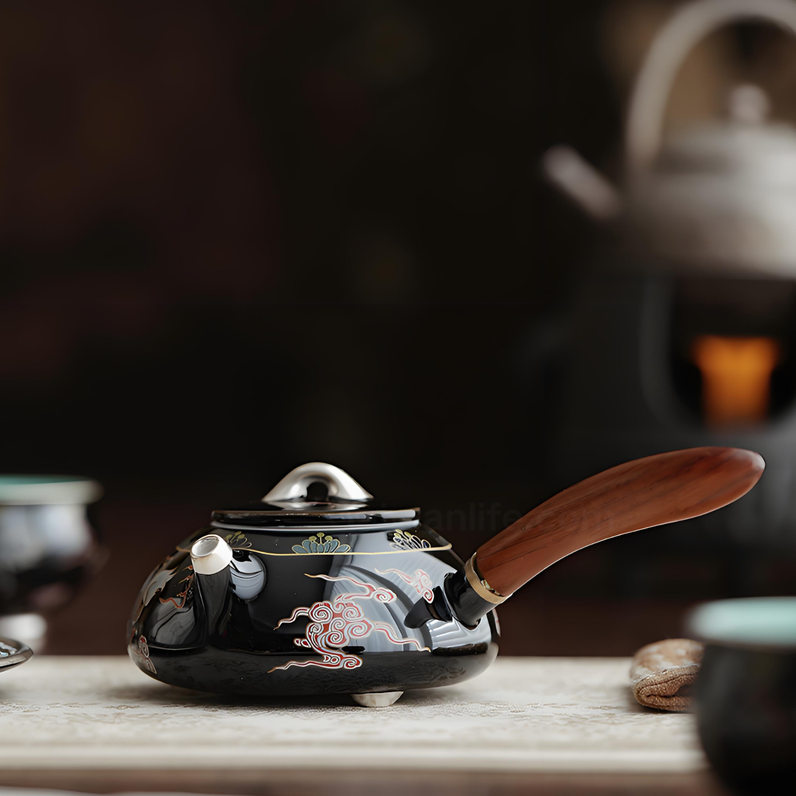 Handgefertigte, silbereingelegte schwarze Qilin-Keramikteekanne – 230 ml, Seitengriff-Design, luxuriöse Geschenkbox 