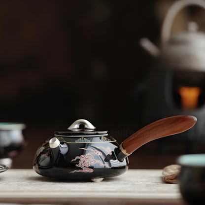 Handgefertigte, silbereingelegte schwarze Qilin-Keramikteekanne – 230 ml, Seitengriff-Design, luxuriöse Geschenkbox 