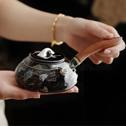 Handgefertigte, silbereingelegte schwarze Qilin-Keramikteekanne – 230 ml, Seitengriff-Design, luxuriöse Geschenkbox 