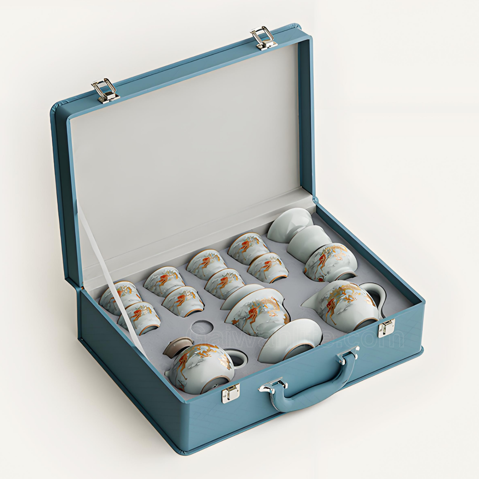 Ru Kiln Teeservice mit Drachenmotiv und Goldeinlage – 12-teilige Geschenkbox mit puderblauer Glasur
