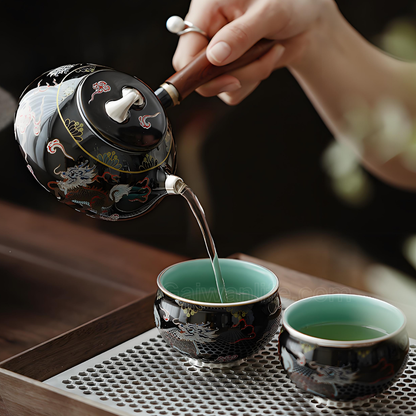 Handgefertigte, silbereingelegte schwarze Qilin-Keramikteekanne – 230 ml, Seitengriff-Design, luxuriöse Geschenkbox 