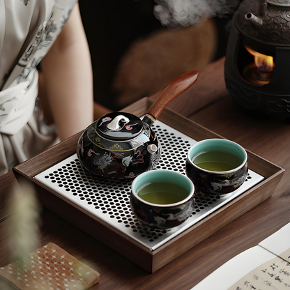 Handgefertigte, silbereingelegte schwarze Qilin-Keramikteekanne – 230 ml, Seitengriff-Design, luxuriöse Geschenkbox 