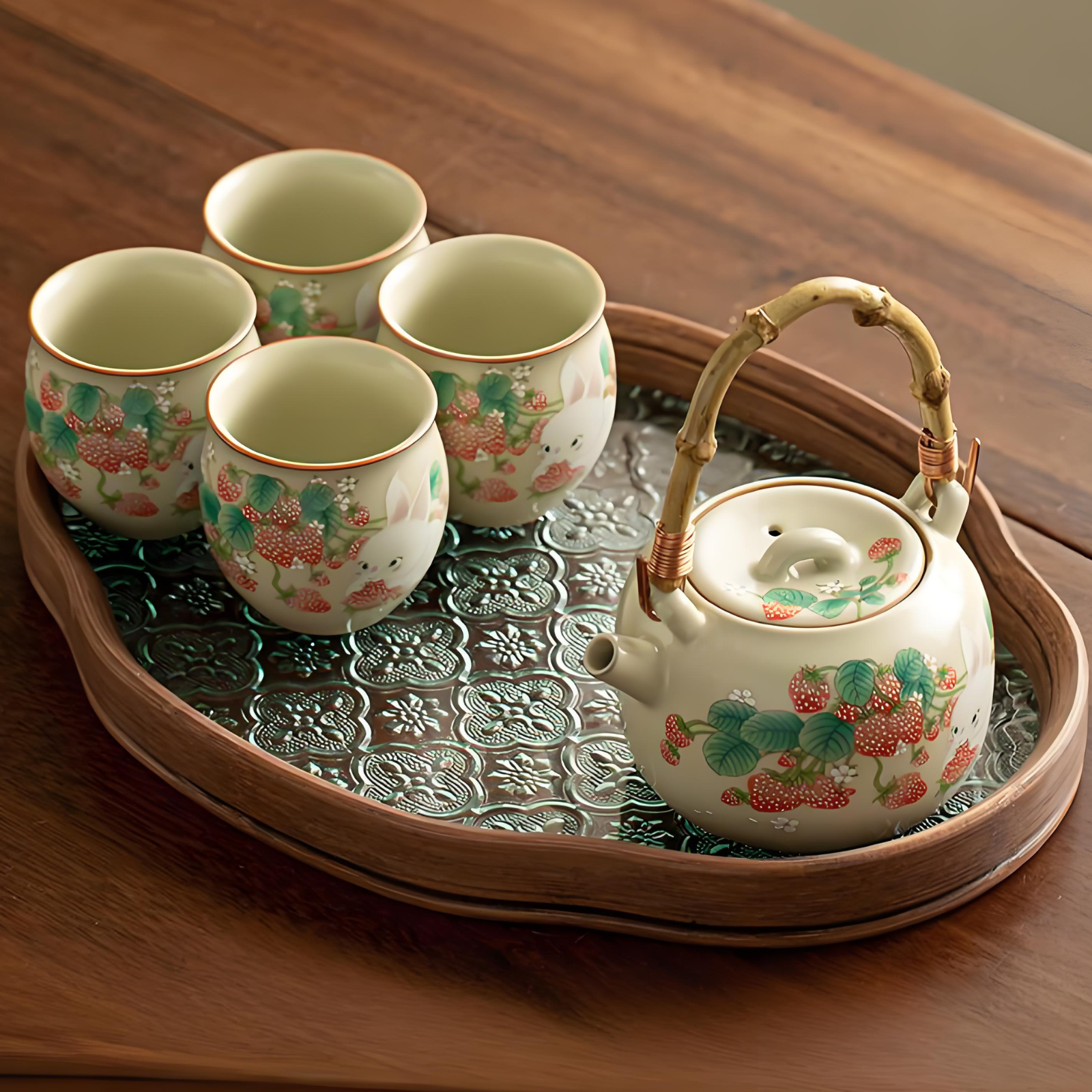 Ruyao Strawberry Rabbit Gaiwan Teapot Set with Tea Tray