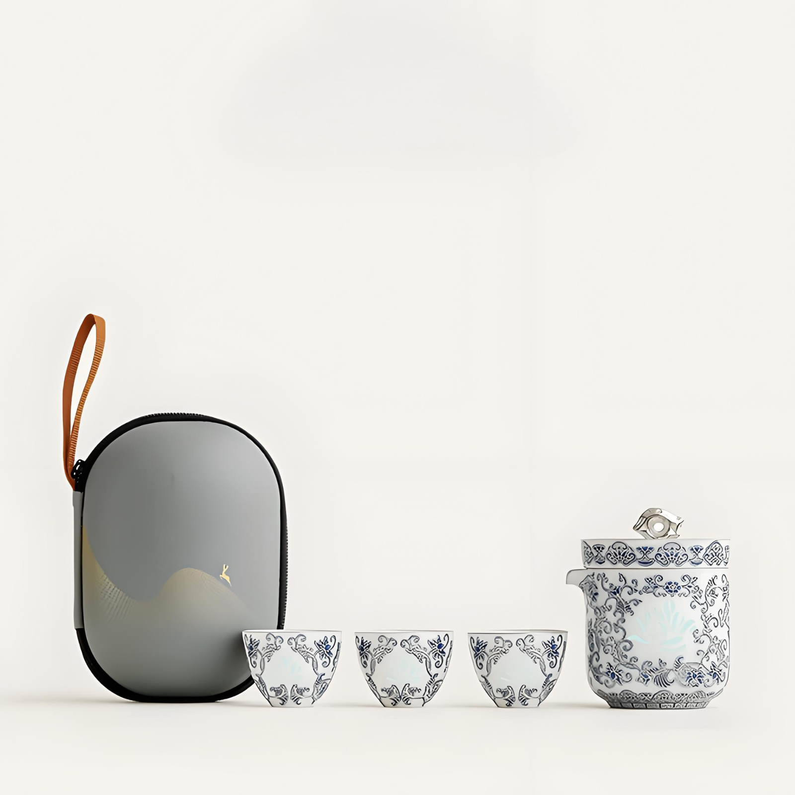 Silver-Inlaid Blue & White Linglong Portable Gongfu Travel Tea Set | 1 Teapot + 3 Cups