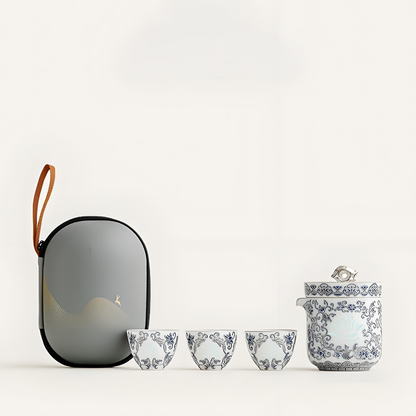 Silver-Inlaid Blue & White Linglong Portable Gongfu Travel Tea Set | 1 Teapot + 3 Cups