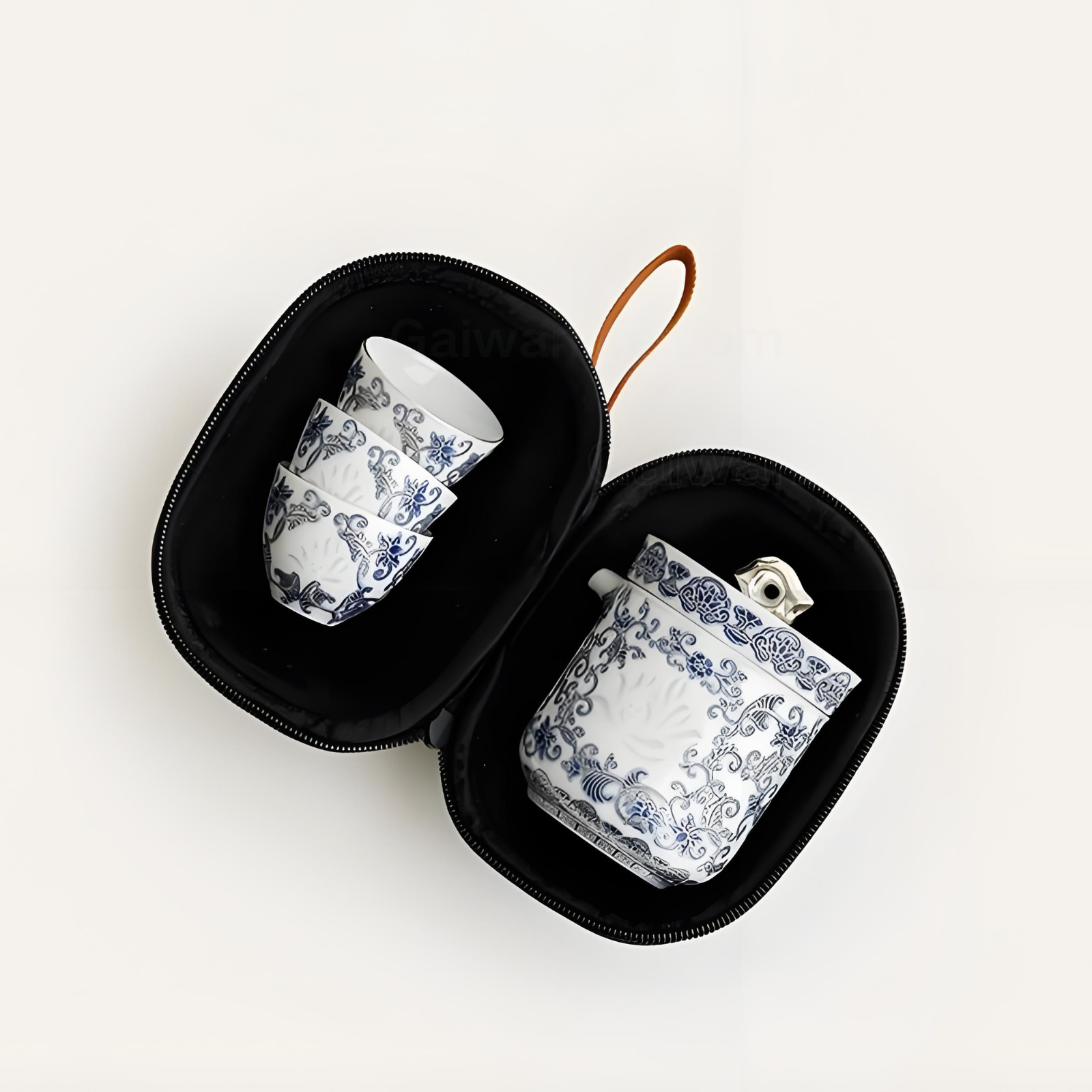 Silver-Inlaid Blue & White Linglong Portable Gongfu Travel Tea Set | 1 Teapot + 3 Cups