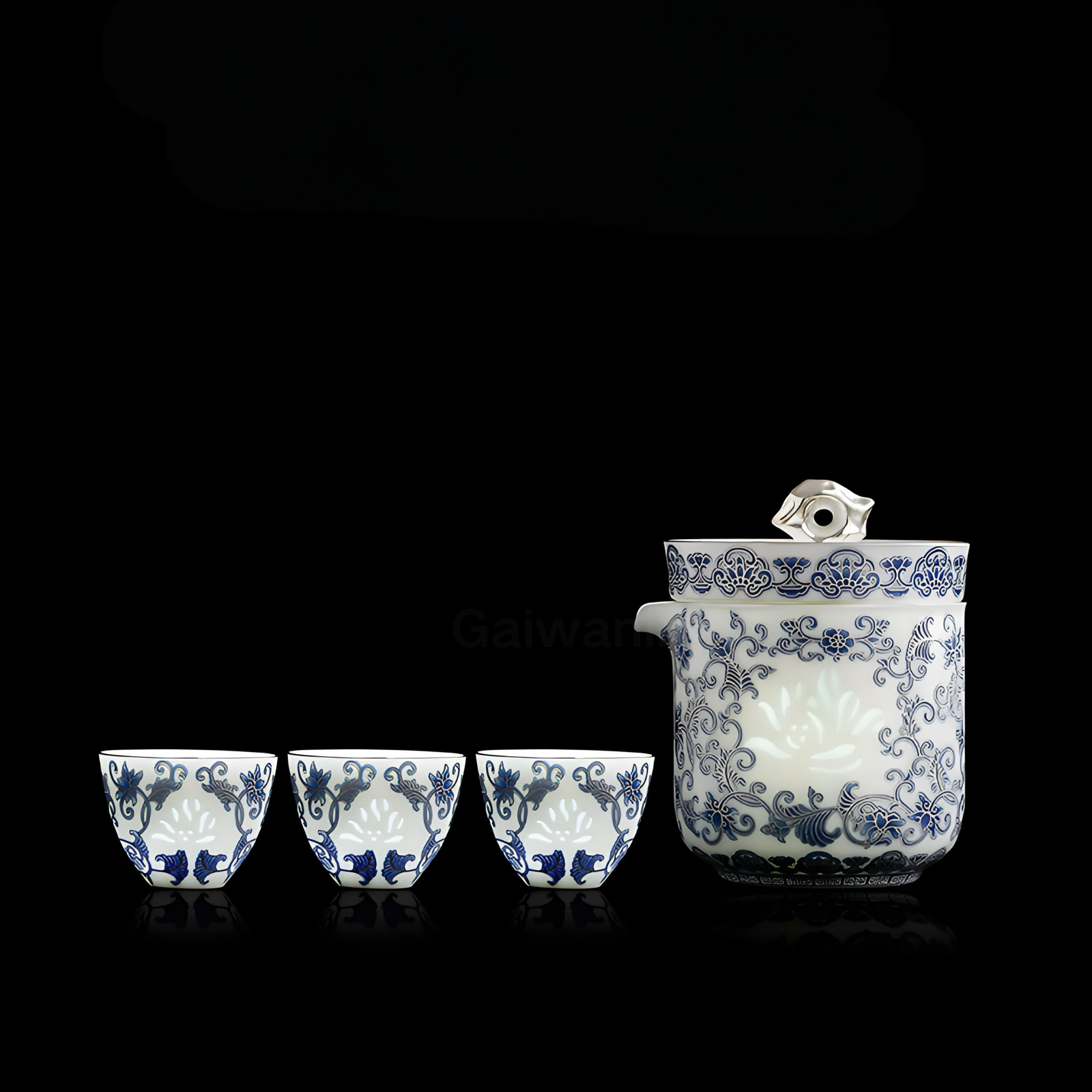Silver-Inlaid Blue & White Linglong Portable Gongfu Travel Tea Set | 1 Teapot + 3 Cups