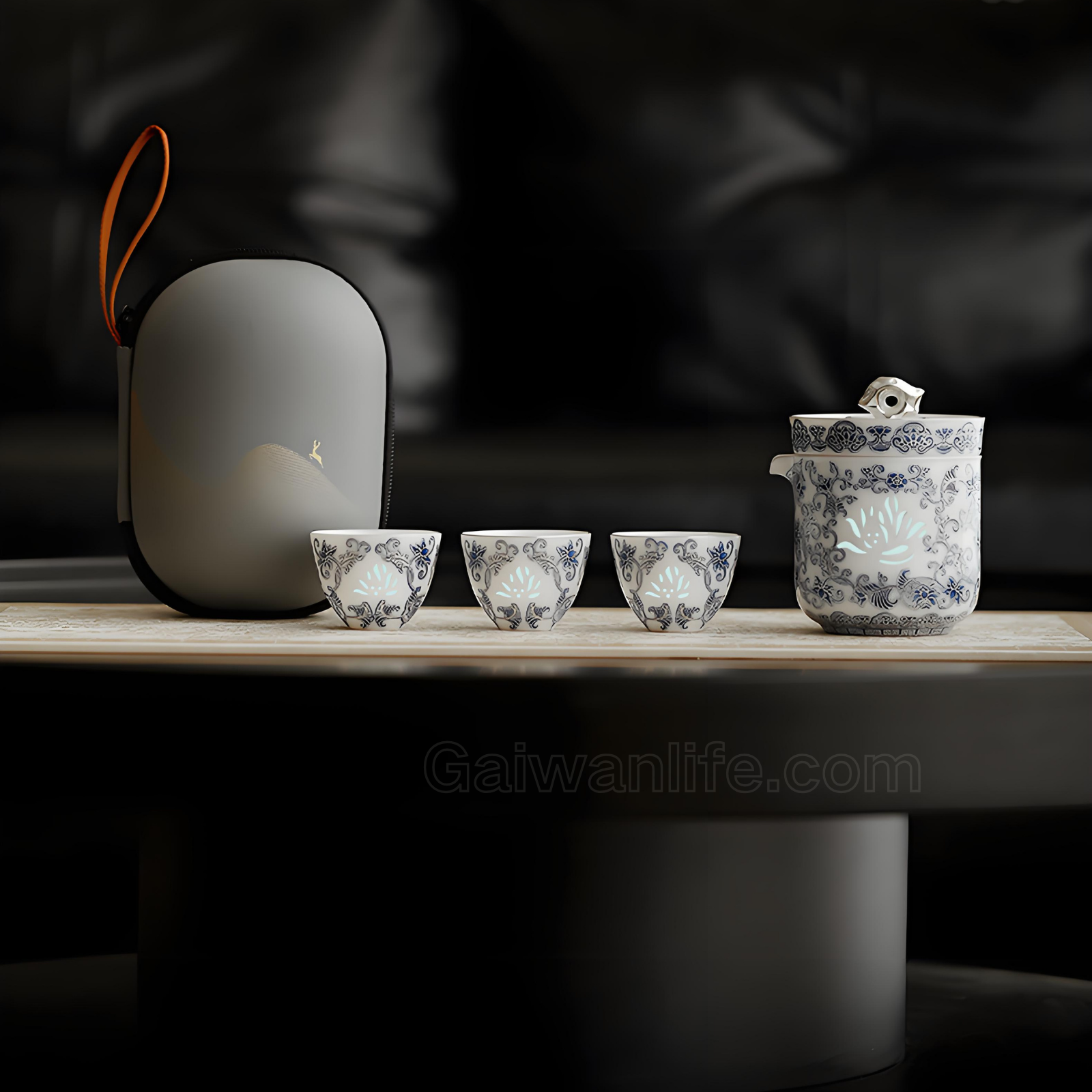 Silver-Inlaid Blue & White Linglong Portable Gongfu Travel Tea Set | 1 Teapot + 3 Cups