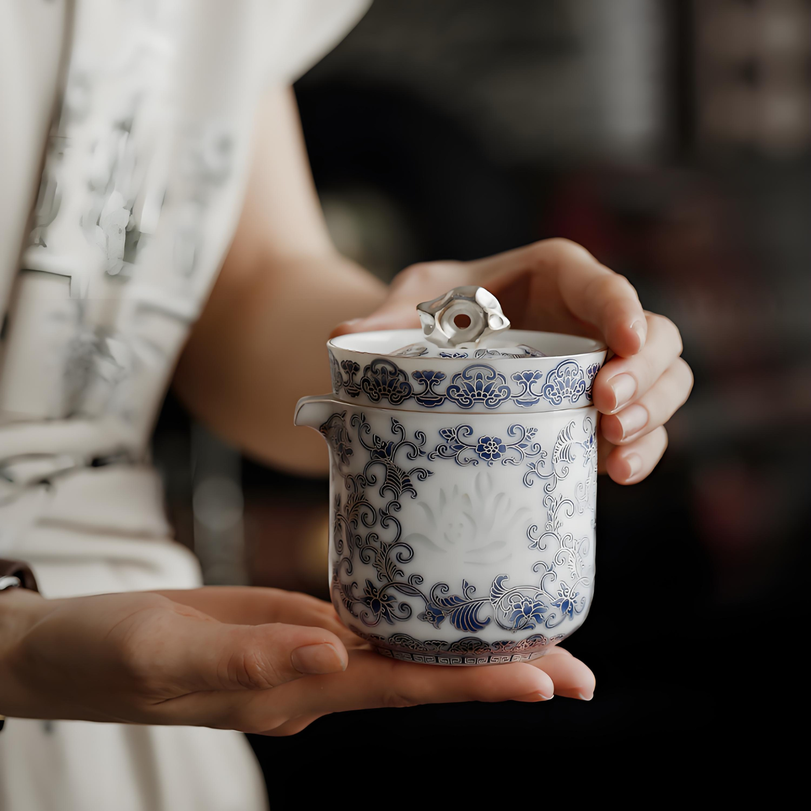 Silver-Inlaid Blue & White Linglong Portable Gongfu Travel Tea Set | 1 Teapot + 3 Cups
