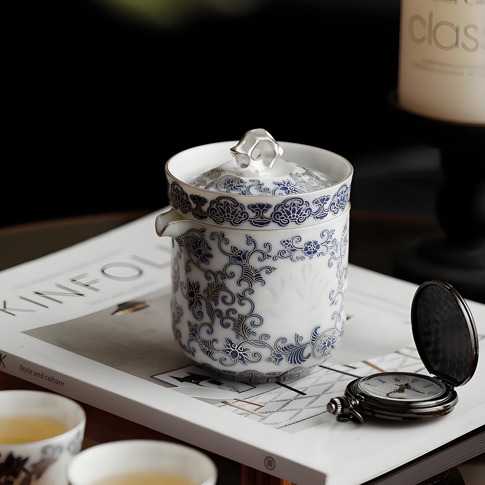Silver-Inlaid Blue & White Linglong Portable Gongfu Travel Tea Set | 1 Teapot + 3 Cups