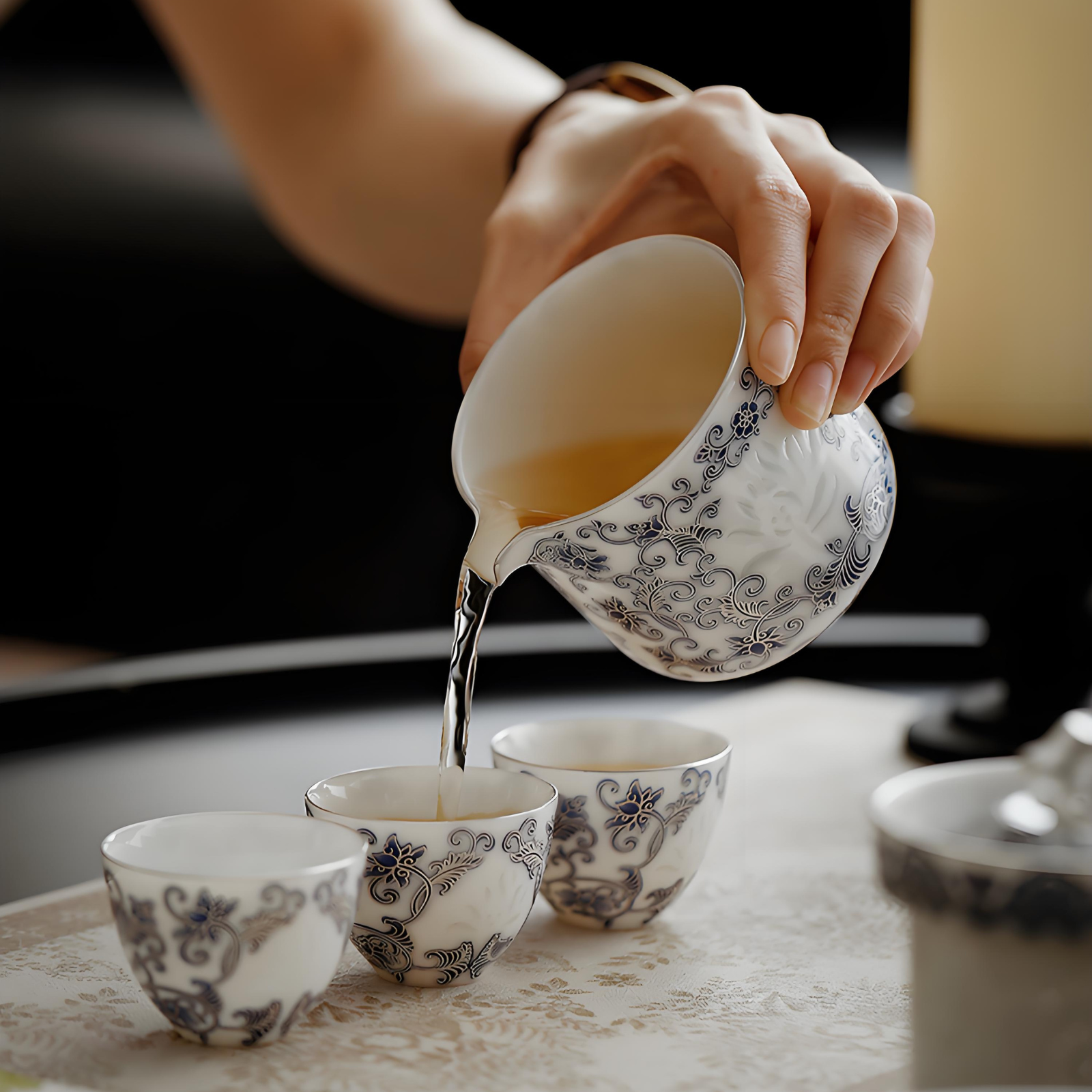 Silver-Inlaid Blue & White Linglong Portable Gongfu Travel Tea Set | 1 Teapot + 3 Cups
