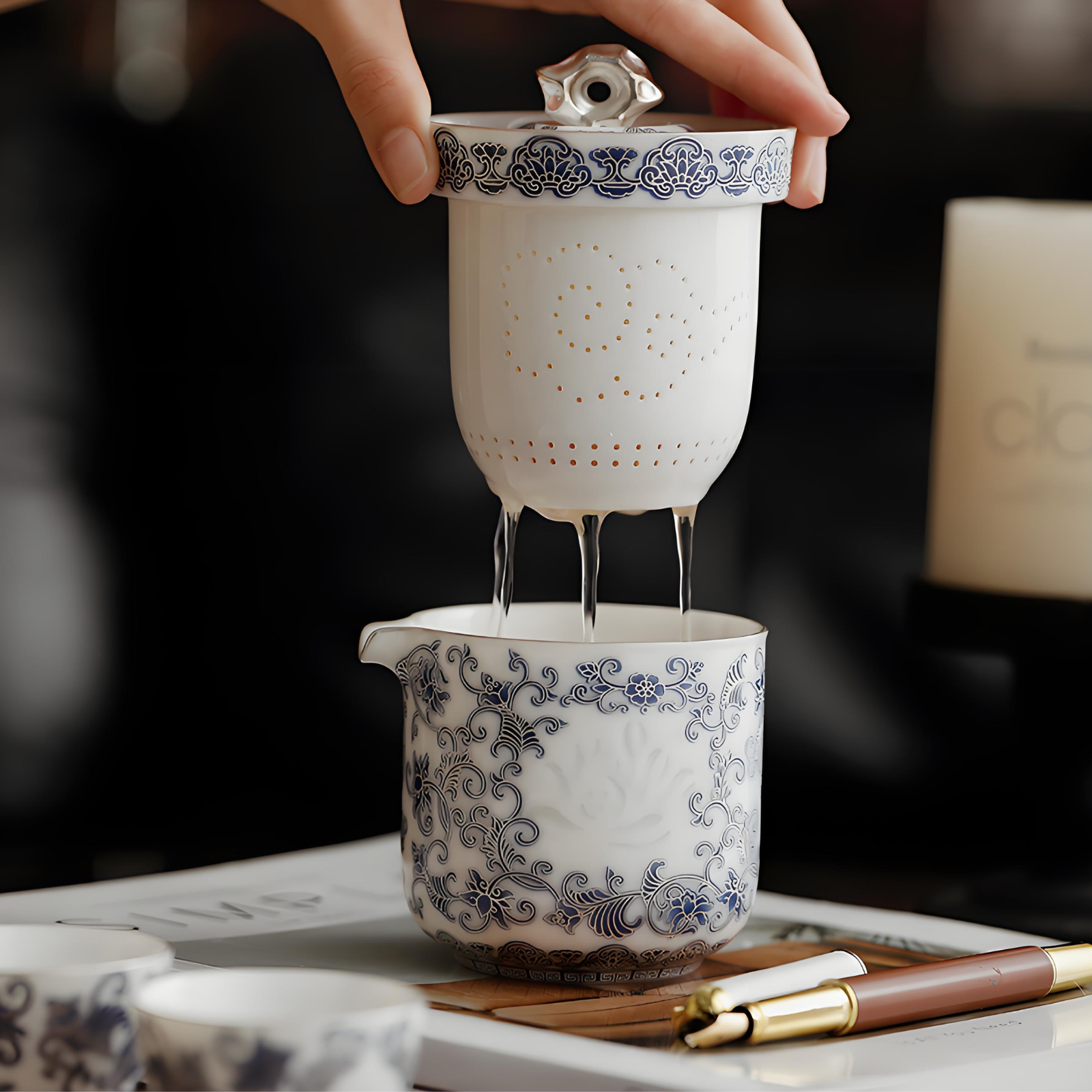 Silver-Inlaid Blue & White Linglong Portable Gongfu Travel Tea Set | 1 Teapot + 3 Cups