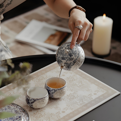 Silver-Inlaid Blue & White Xi Shi Teapot Set for Two - Dehua Porcelain with Interlaced Lotus Design