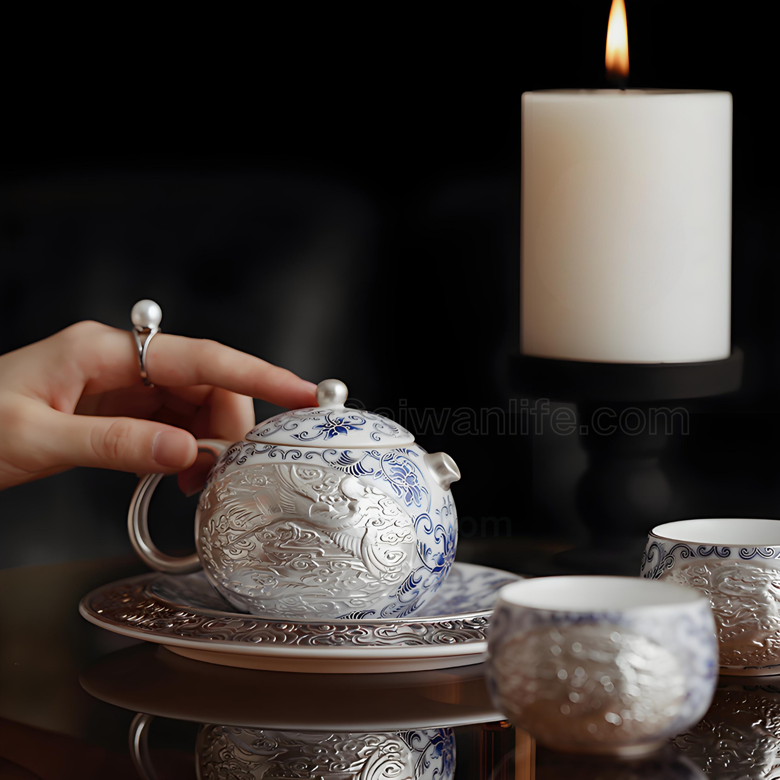 Silver-Inlaid Blue & White Xi Shi Teapot Set for Two - Dehua Porcelain with Interlaced Lotus Design