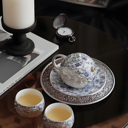 Silver-Inlaid Blue & White Xi Shi Teapot Set for Two - Dehua Porcelain with Interlaced Lotus Design