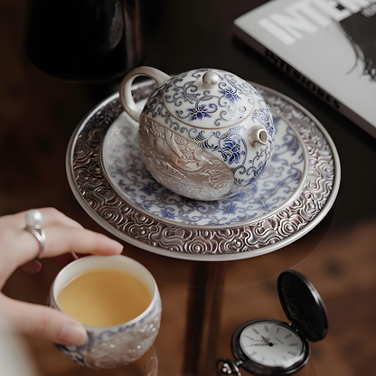 Silver-Inlaid Blue & White Xi Shi Teapot Set for Two - Dehua Porcelain with Interlaced Lotus Design