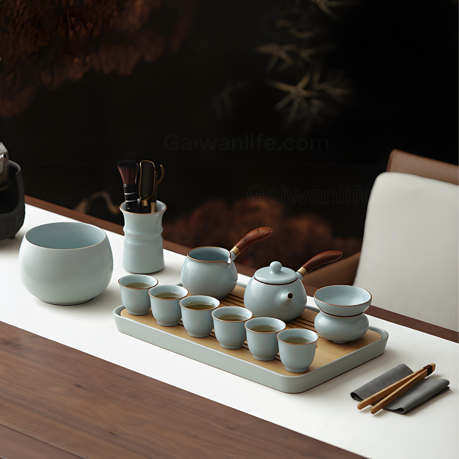 Sky Blue Ru Kiln Gongfu Tea Set - Double-Handled Ceramic, 10-Piece Luxury Collection