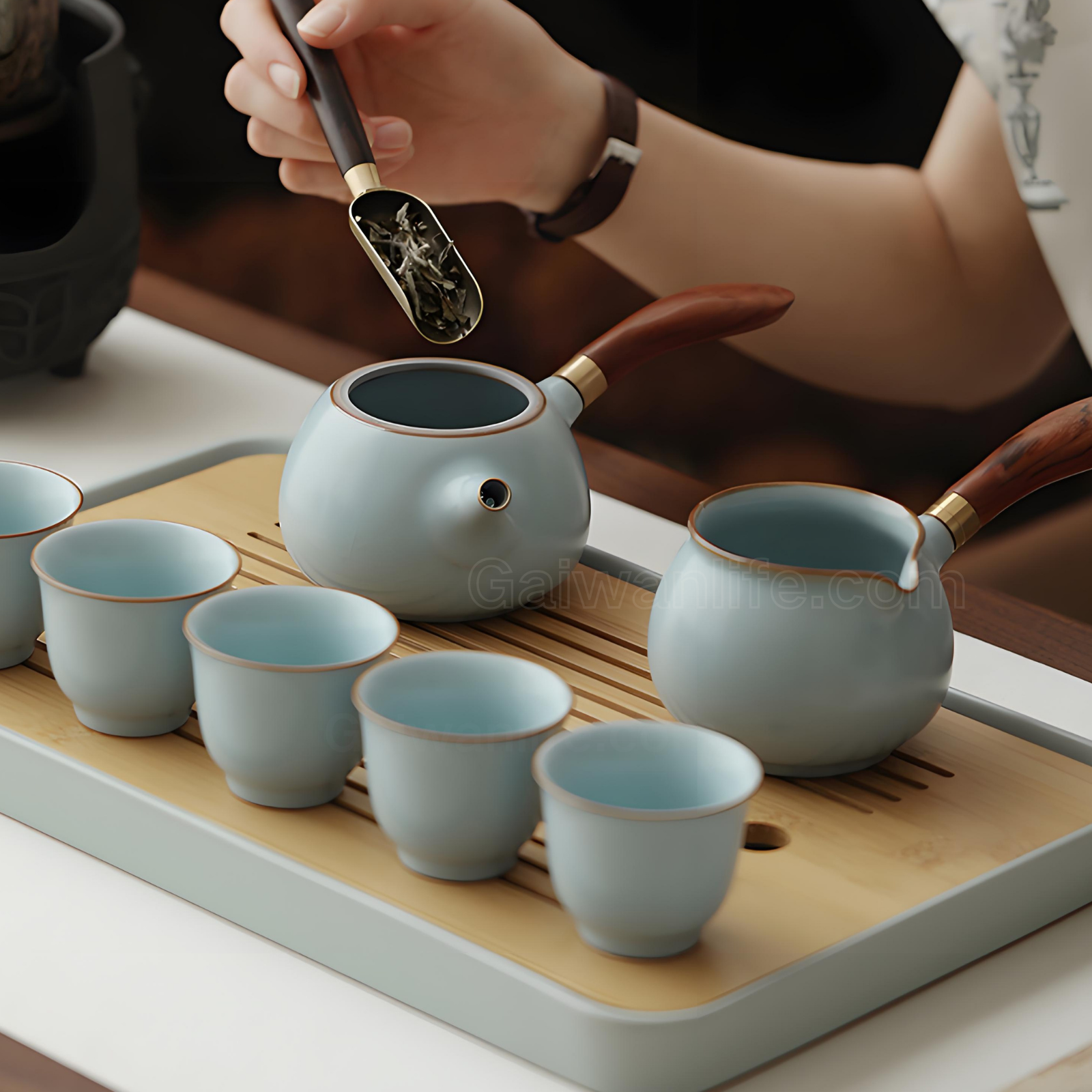 Himmelblaues Ru Kiln Gongfu-Teeservice – Keramik mit zwei Griffen, 10-teilige Luxuskollektion