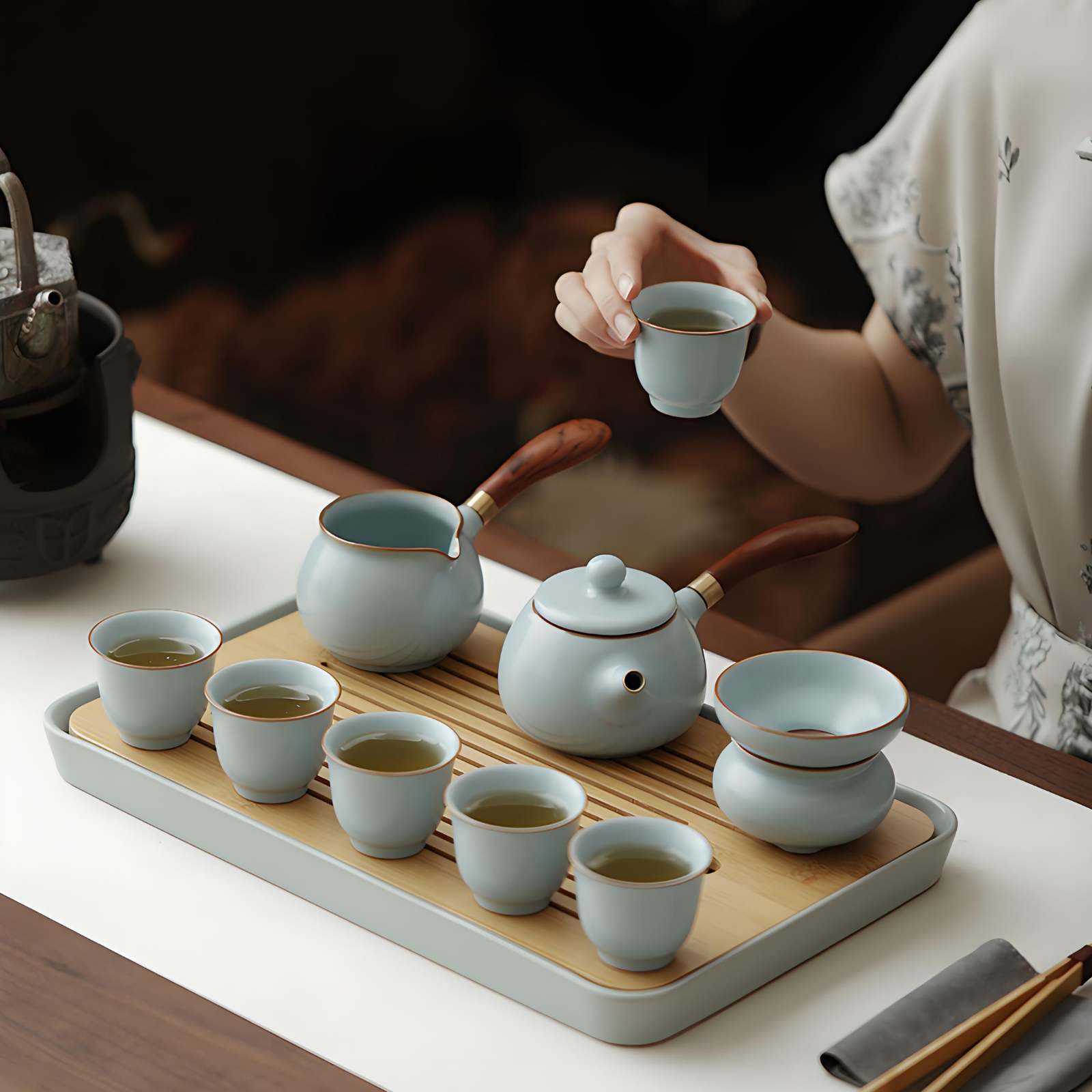 Himmelblaues Ru Kiln Gongfu-Teeservice – Keramik mit zwei Griffen, 10-teilige Luxuskollektion