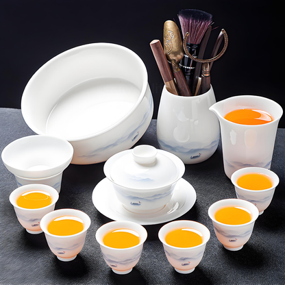 Service à thé chinois 16 pièces en porcelaine blanche - plateau à thé et couvercle en céramique peints à la main de style encre 