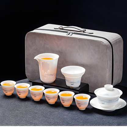 Service à thé chinois 16 pièces en porcelaine blanche - plateau à thé et couvercle en céramique peints à la main de style encre 