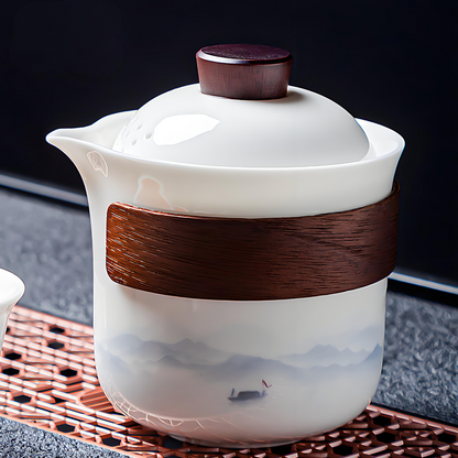 Service à thé chinois 16 pièces en porcelaine blanche - plateau à thé et couvercle en céramique peints à la main de style encre 
