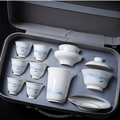 Service à thé chinois 16 pièces en porcelaine blanche - plateau à thé et couvercle en céramique peints à la main de style encre 