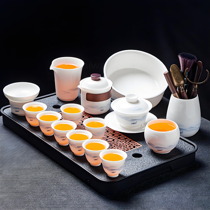 Service à thé chinois 16 pièces en porcelaine blanche - plateau à thé et couvercle en céramique peints à la main de style encre 