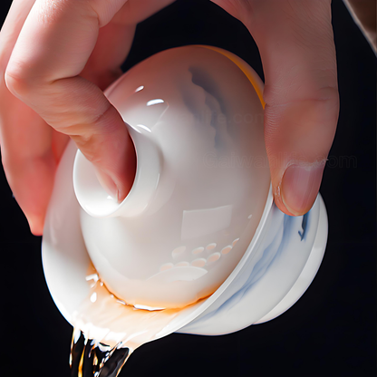 Service à thé chinois 16 pièces en porcelaine blanche - plateau à thé et couvercle en céramique peints à la main de style encre 