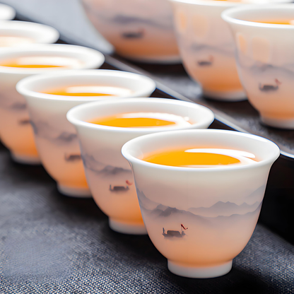 Service à thé chinois 16 pièces en porcelaine blanche - plateau à thé et couvercle en céramique peints à la main de style encre 