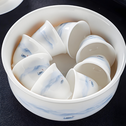 Service à thé chinois 16 pièces en porcelaine blanche - plateau à thé et couvercle en céramique peints à la main de style encre 