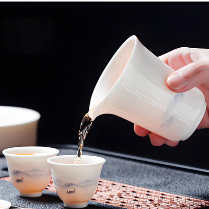 Service à thé chinois 16 pièces en porcelaine blanche - plateau à thé et couvercle en céramique peints à la main de style encre 