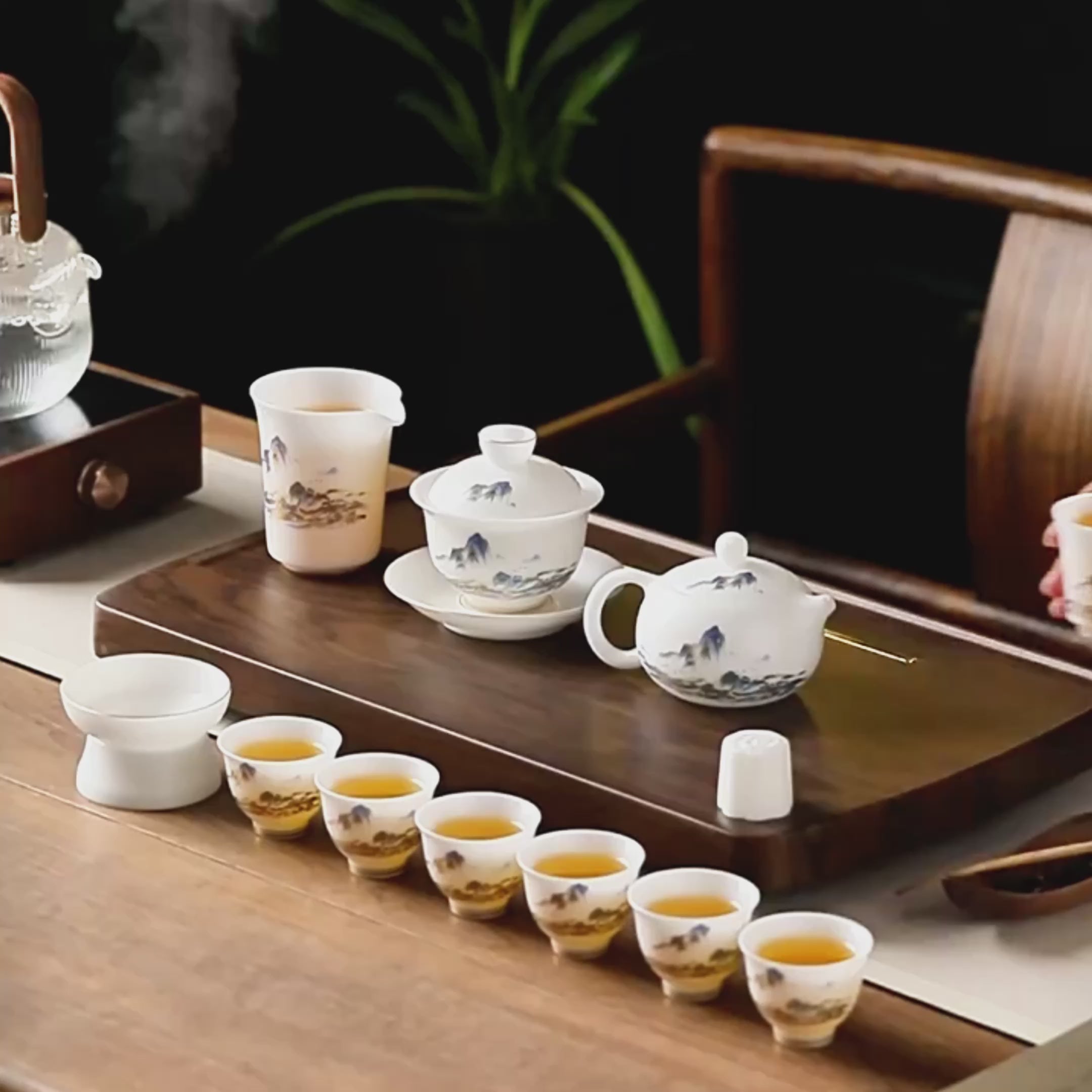 Jade Porcelain Gaiwan Tea Set - Thousand Miles of Rivers & Mountains Design, 12-Piece