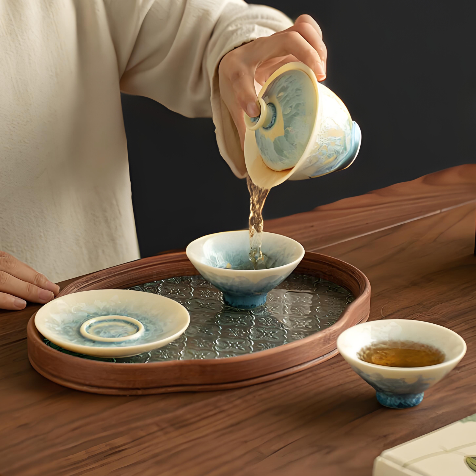 Crystal Glaze Gaiwan Tea Set 3-piece Set with Tea Tray