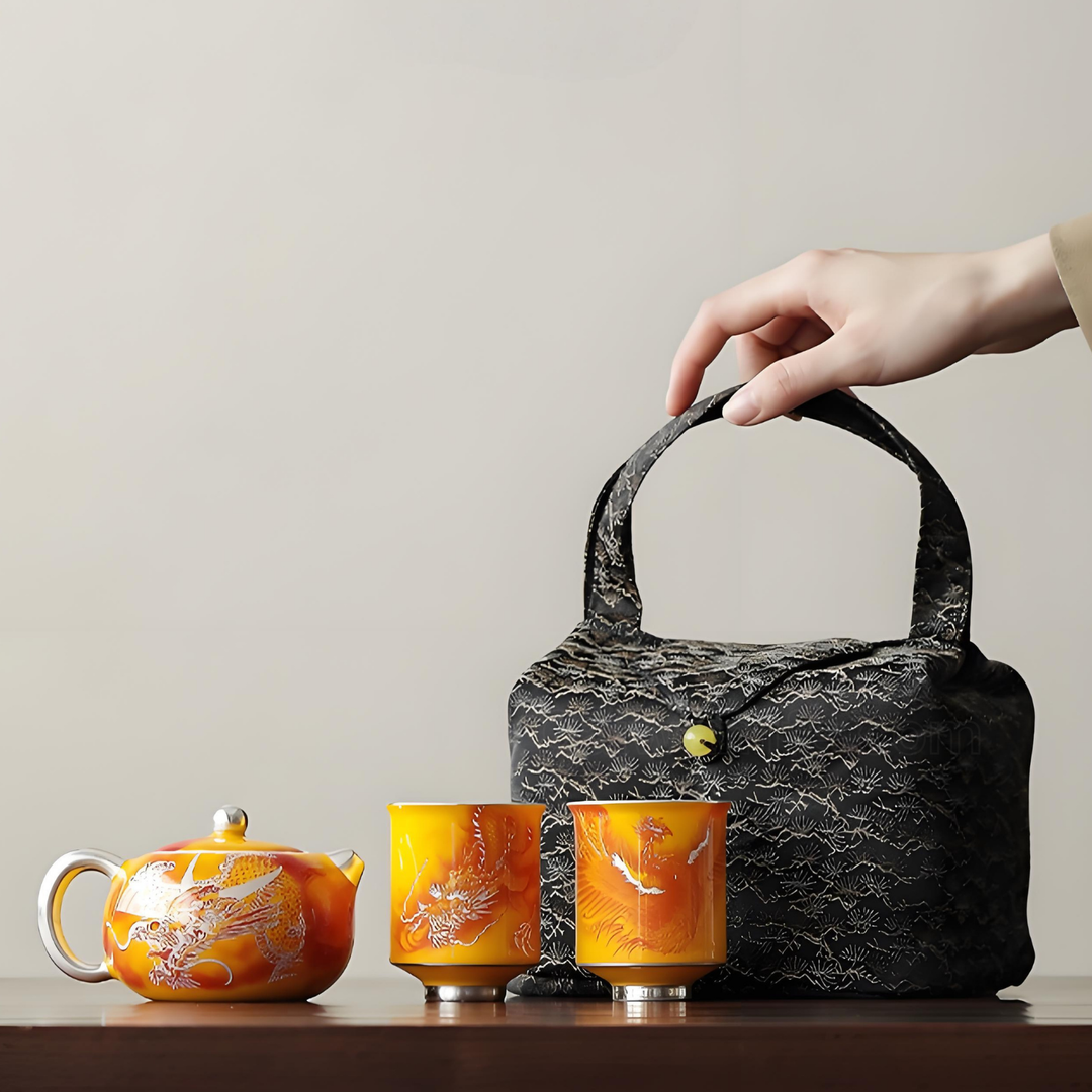 Handmade Silver-Gilded Xishi Teapot Travel Set - Dragon & Phoenix Design, 200ml Ceramic