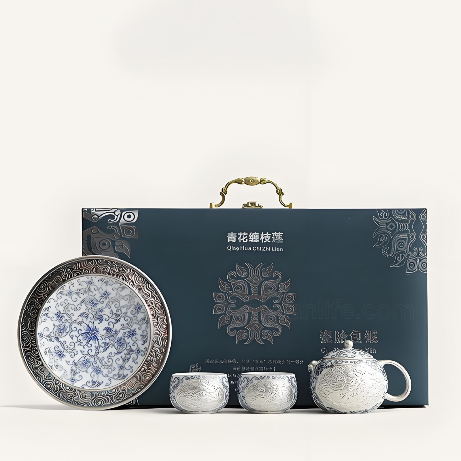 Silver-Inlaid Blue & White Xi Shi Teapot Set for Two - Dehua Porcelain with Interlaced Lotus Design