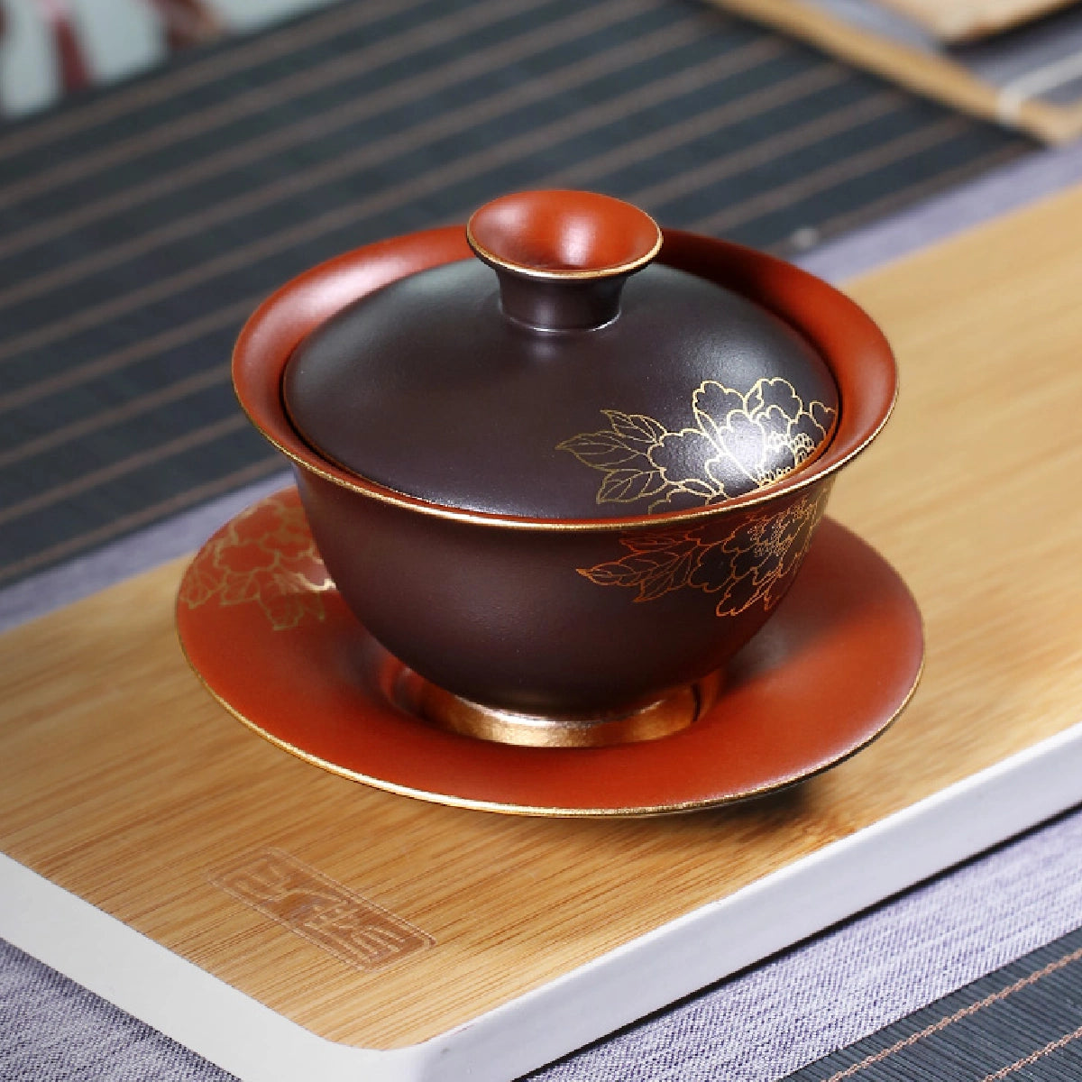Vermilion and golden peony gaiwan -4