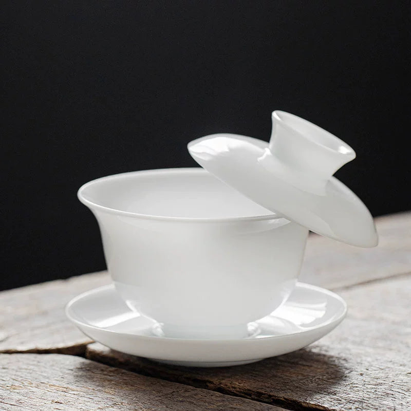 Ice-type mutton-fat jade Gaiwan tea set