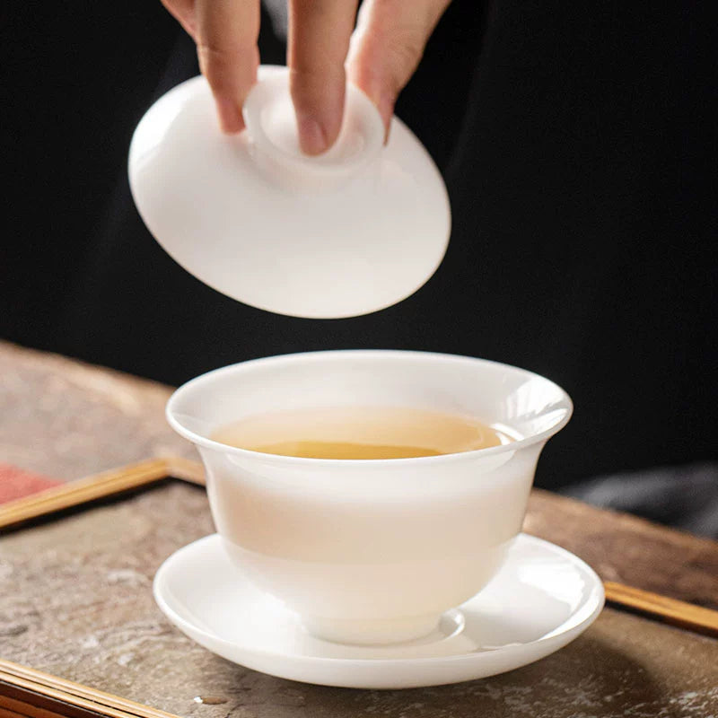 Ice-type mutton-fat jade Gaiwan tea set 2